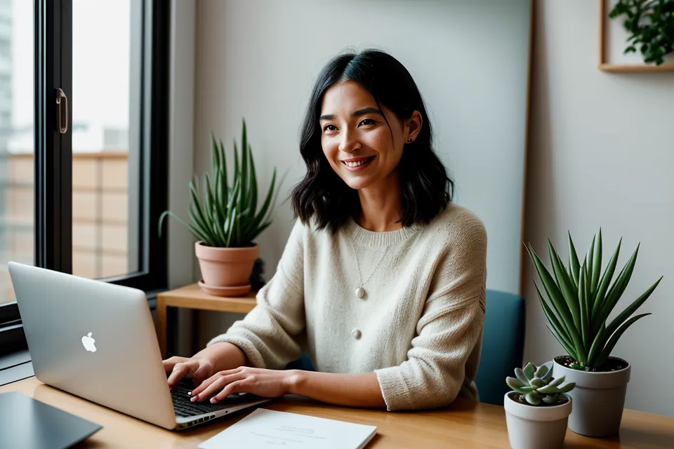 Zufriedene Kursanbieterin am Schreibtisch nach dem Feinschliff am Online-Kurs-Design