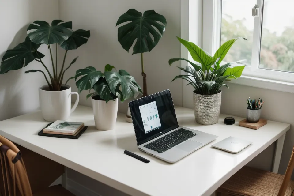 Schreibtisch mit Laptop und Moodboard für Coaching-Business-Tipps rund um Online-Kurs-Design