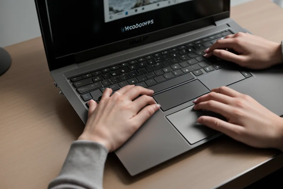 Hände beim Tippen einer Kursbeschreibung am Laptop mit Notizen daneben