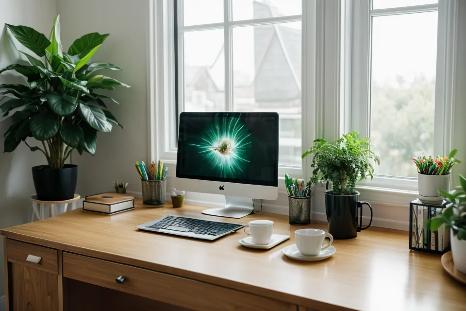 Yoga-Matte im Hintergrund eines Arbeitsraums, Laptop zeigt die Navigation für Kursteilnehmer.