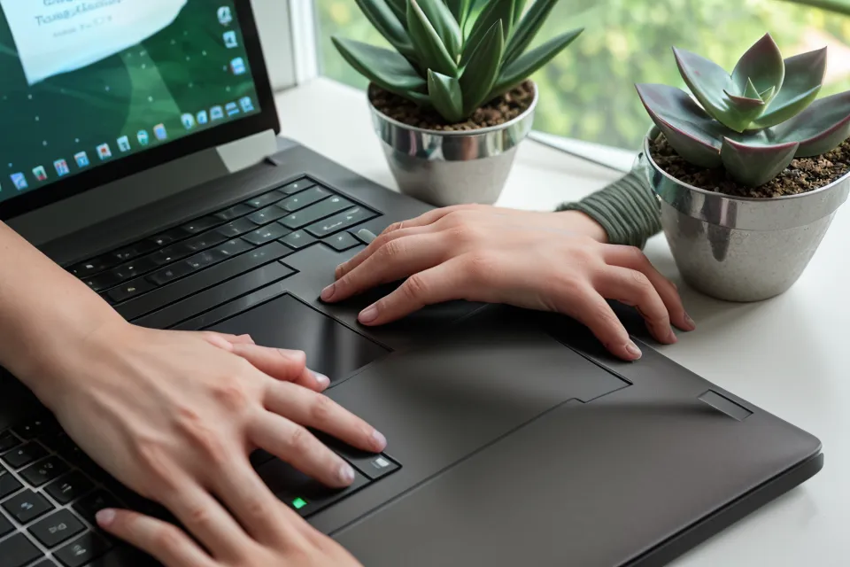 Hände auf der Tastatur beim Entwerfen eines neuen Kursnamens fürs Coaching-Business